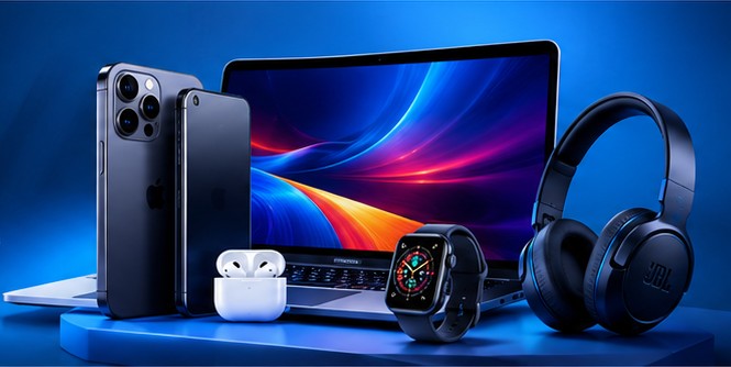Téléphones, ordinateur portable, écouteurs et montre connectée